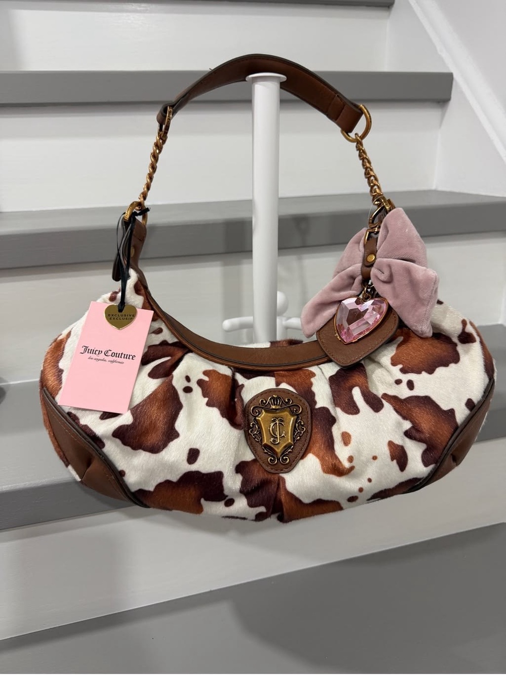 Juicy Couture Brown & White Cow Print Shoulder Bag with Pink Bow Charm